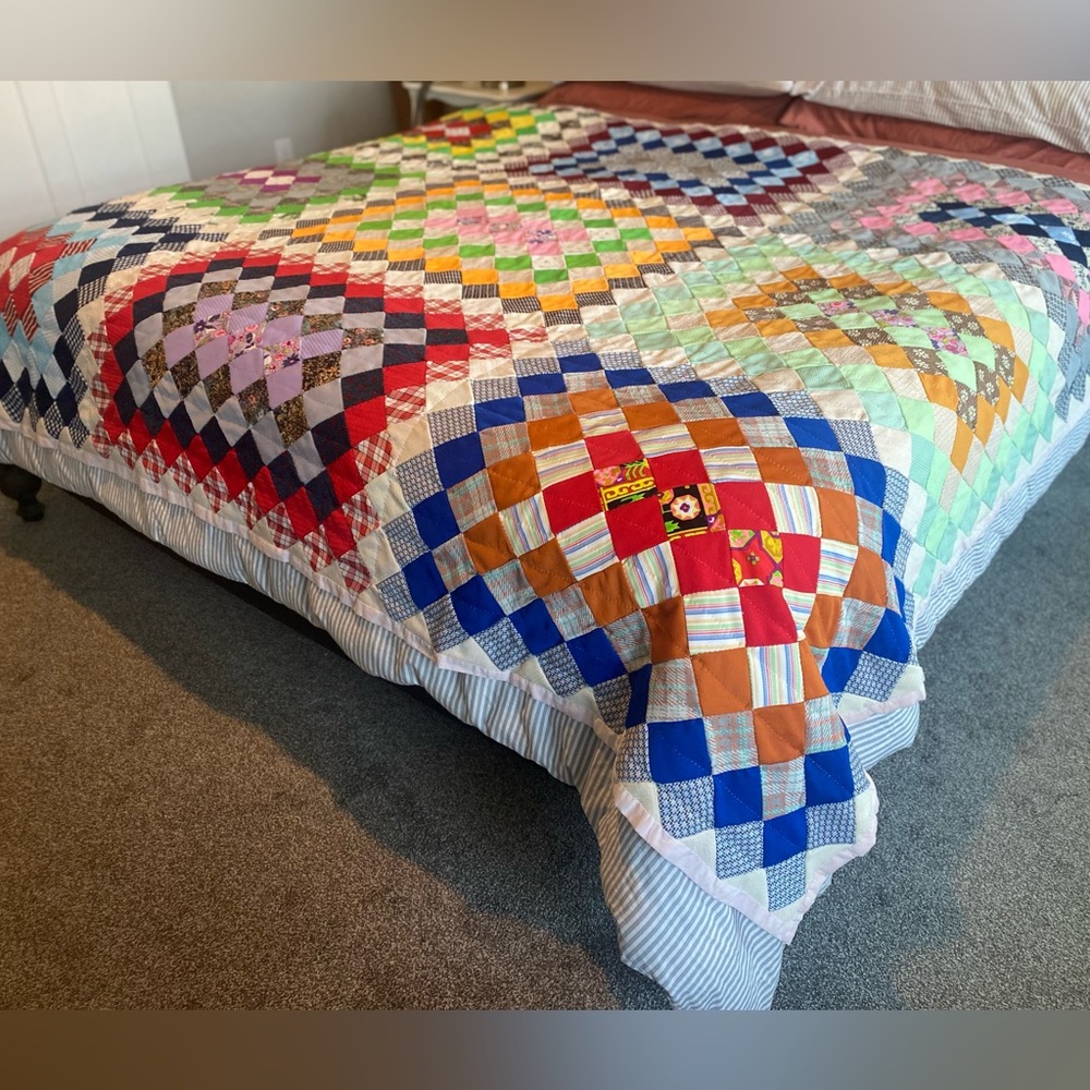 Handmade Multicolor Patchwork Quilt - Vibrant Checkerboard Bedding 99”/74”